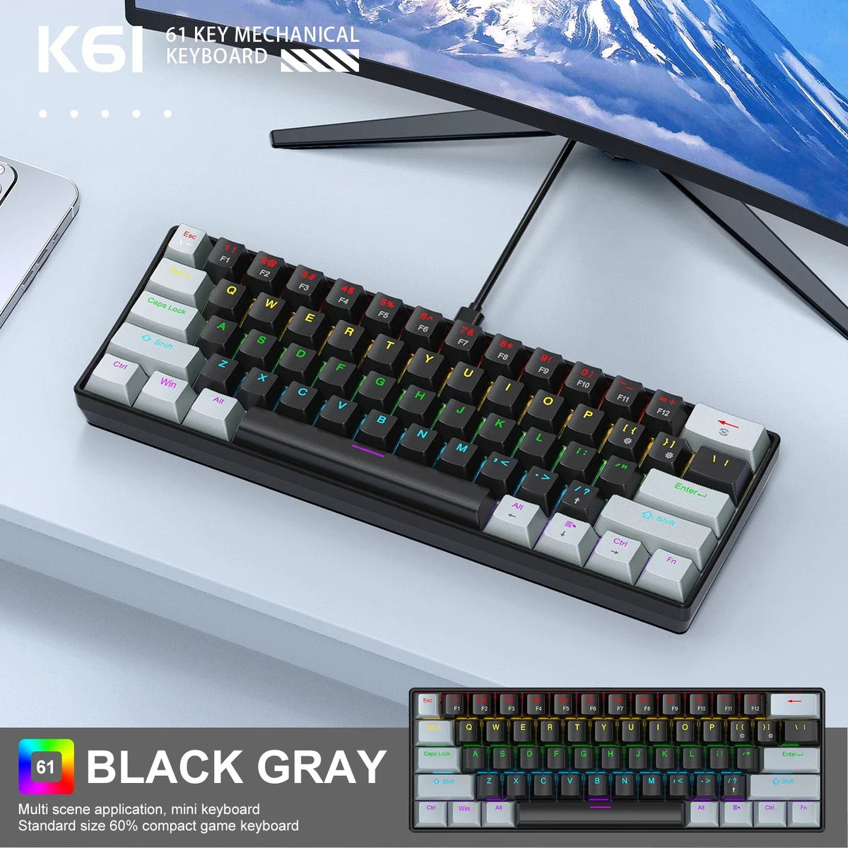K61 Mini Mechanical Keyboard, 61 Keys, RGB