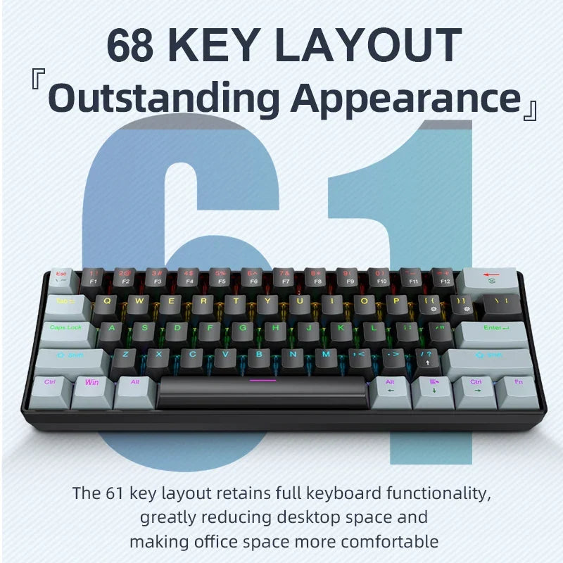 K61 Mini Mechanical Keyboard, 61 Keys, RGB